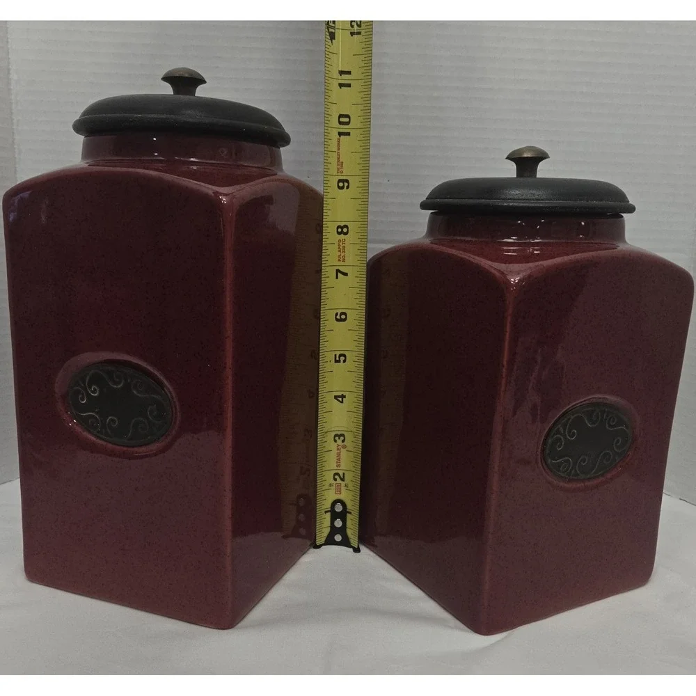 Vtg PIER 1 Import Rustic Brick Red 2 Ceramic Canister Jars W/Vacuum Lip Lid Set
